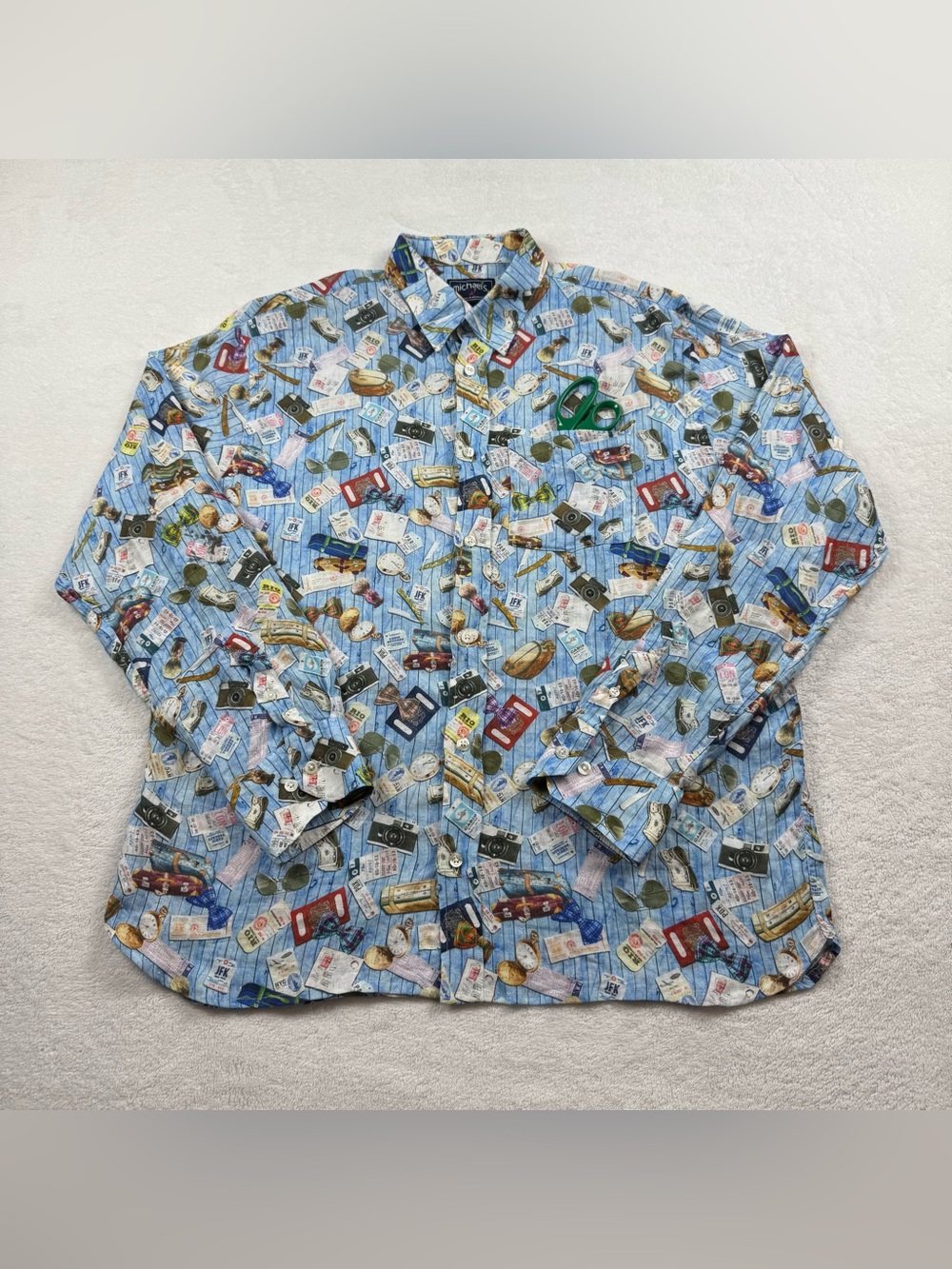 Michael’s 100% linen shirt men’s size L blue Allover‎ print nostalgia button up